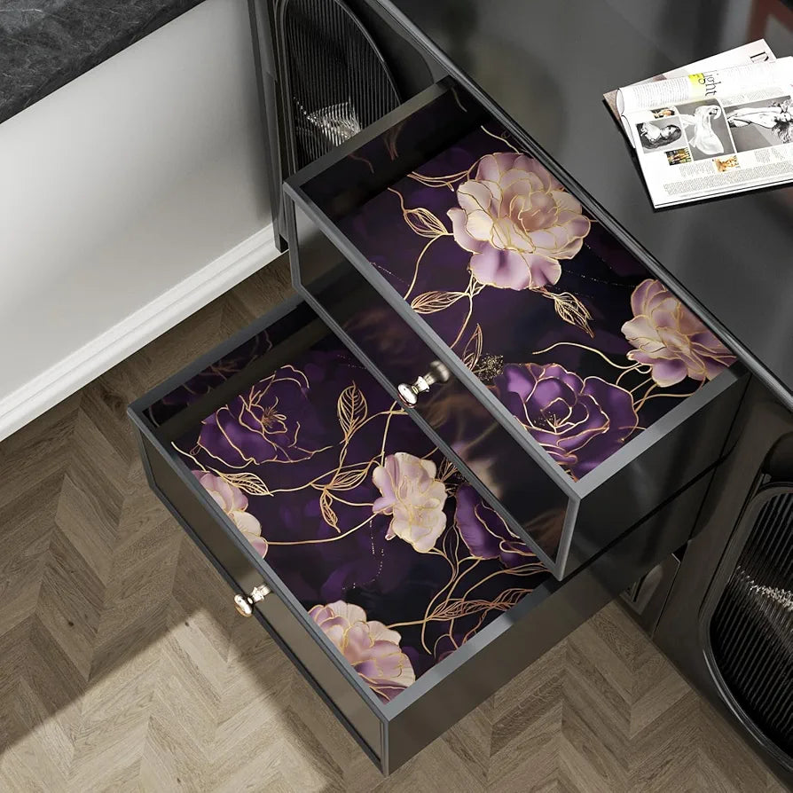 Dark Floral Wallpaper Peel and Stick Purple/Gold Rose Flower Contact Paper Wall Paper Waterproof Self-Adhesive Wall Covering for Bedroom Countertop Desk Cabinets Decor Renter Friendly 17.4" x 118"