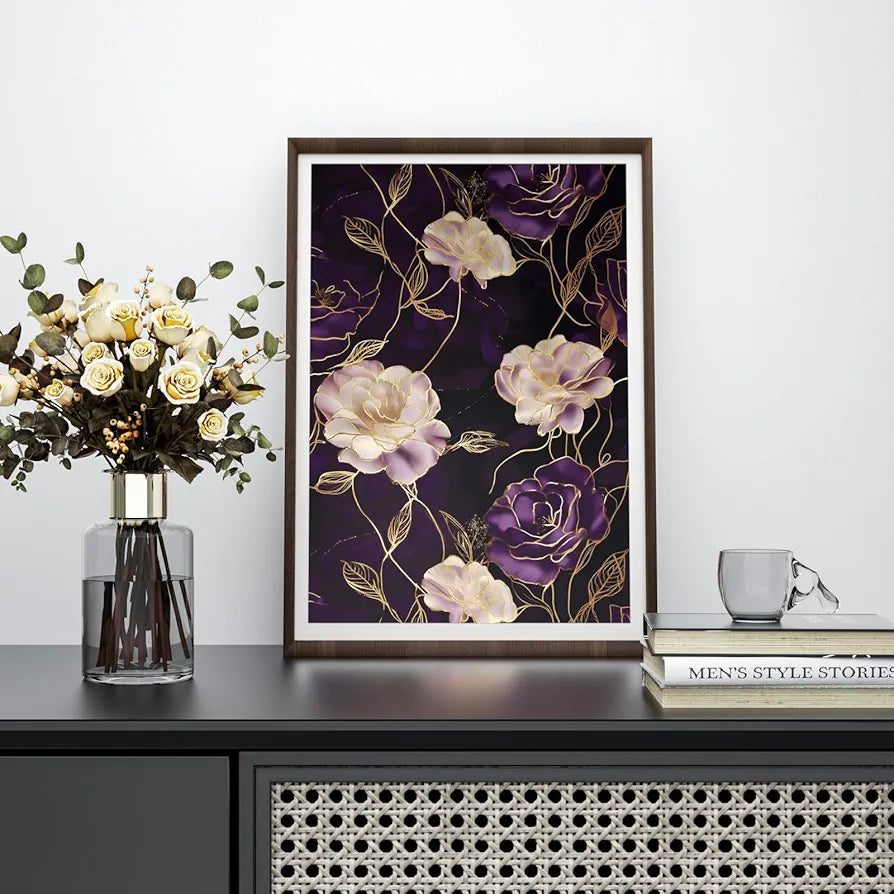 Dark Floral Wallpaper Peel and Stick Purple/Gold Rose Flower Contact Paper Wall Paper Waterproof Self-Adhesive Wall Covering for Bedroom Countertop Desk Cabinets Decor Renter Friendly 17.4" x 118"