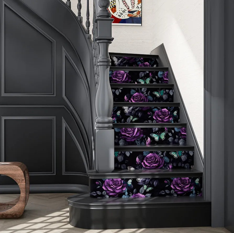 Black Foral Wallpaper Peel and Stick, Dark Purple Rose Contact Paper, Waterproof Self-Adhesive Flower Butterfly Wall Paper for Bedroom Countertop Desk Cabinets Decor 17.4" x 118" Renter Friendly