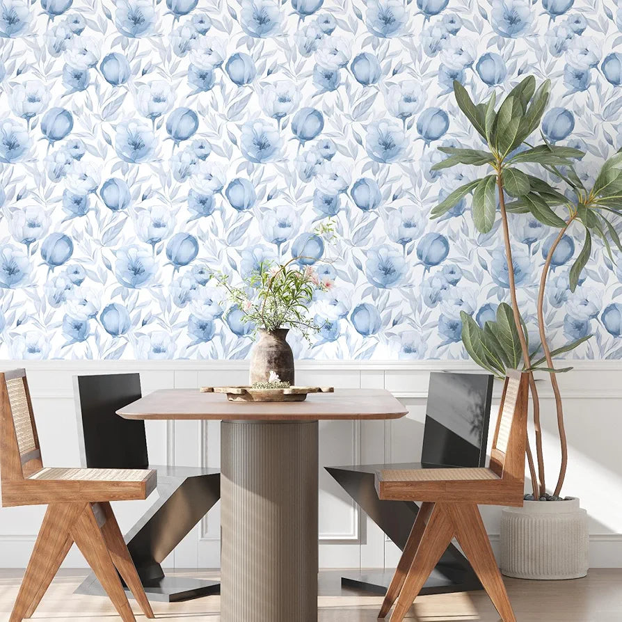 Blue Floral Wallpaper Peel and Stick White Floral Contact Paper Blue Leaf Wallpaper Waterproof Self-Adhesive Wall Covering for Bedroom Countertop Desk Cabinets Decor 17.4" x 118"