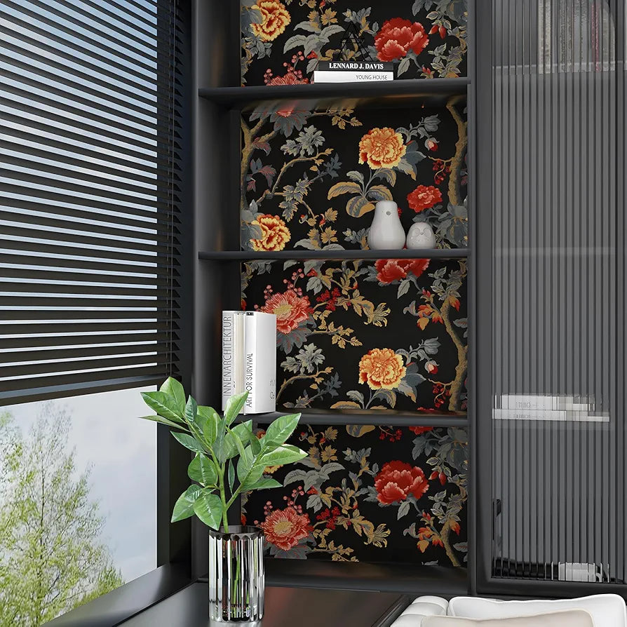 Black Floral Wallpaper Peel and Stick Paisley Dark Red Flower Contact Paper Waterproof Self-Adhesive Vintage Wall Paper Wall Covering for Bedroom Countertop Desk Cabinets 17.4" x 118" Renter Friendly