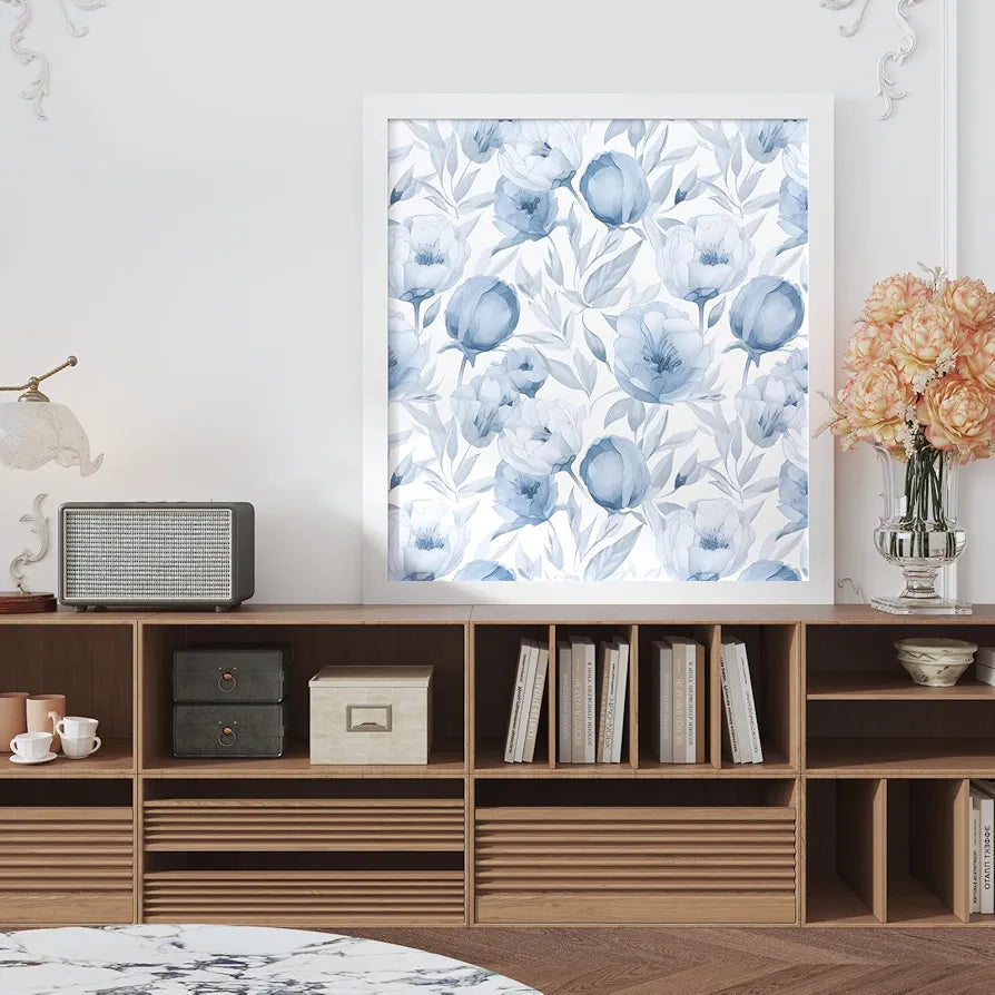Blue Floral Wallpaper Peel and Stick White Floral Contact Paper Blue Leaf Wallpaper Waterproof Self-Adhesive Wall Covering for Bedroom Countertop Desk Cabinets Decor 17.4" x 118"
