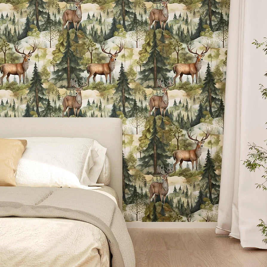 Green Forest Wallpaper Peel and Stick, Brown Deer Elk Contact Paper, Waterproof Self-Adhesive Animals Wall Paper for Bedroom Countertop Desk Cabinets Decor 17.4" x 118" Renter Friendly