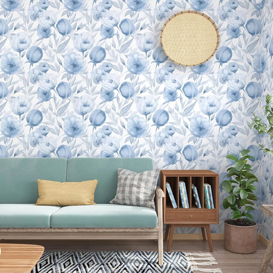 Blue Floral Wallpaper Peel and Stick White Floral Contact Paper Blue Leaf Wallpaper Waterproof Self-Adhesive Wall Covering for Bedroom Countertop Desk Cabinets Decor 17.4" x 118"