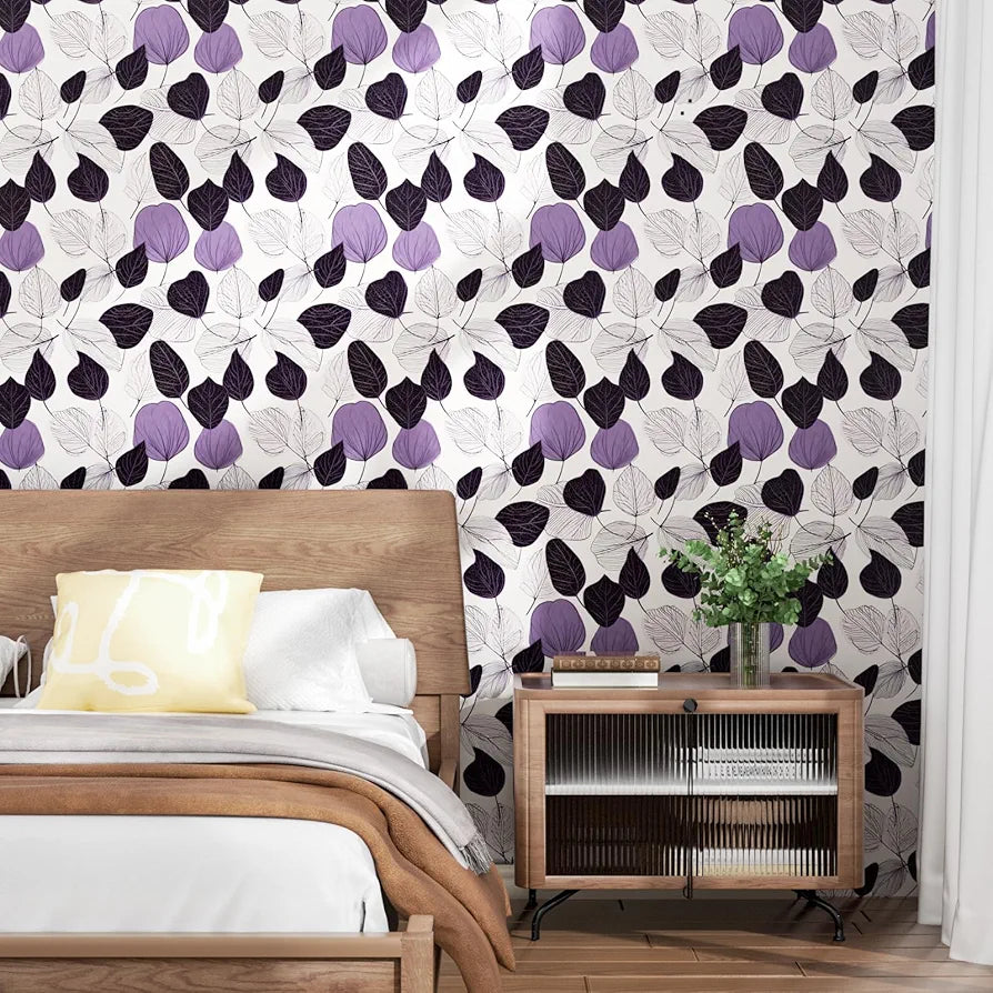 White Purple Leaf Wallpaper Peel and Stick Floral Contact Paper Leaves Wall Paper 17.4" x 118" Waterproof Self-Adhesive Wall Covering for Bedroom Countertop Desk Cabinets Decor Renter Friendly