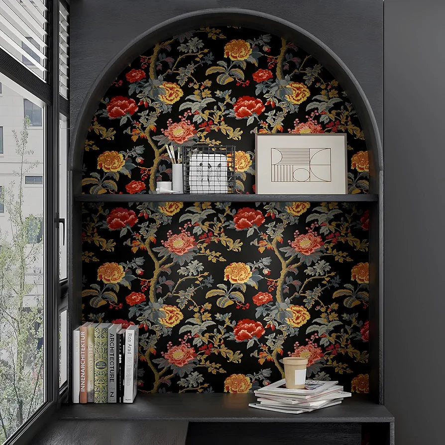 Black Floral Wallpaper Peel and Stick Paisley Dark Red Flower Contact Paper Waterproof Self-Adhesive Vintage Wall Paper Wall Covering for Bedroom Countertop Desk Cabinets 17.4" x 118" Renter Friendly