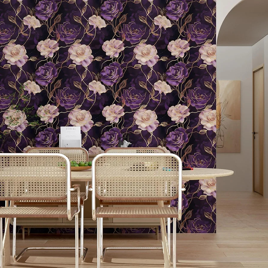 Dark Floral Wallpaper Peel and Stick Purple/Gold Rose Flower Contact Paper Wall Paper Waterproof Self-Adhesive Wall Covering for Bedroom Countertop Desk Cabinets Decor Renter Friendly 17.4" x 118"