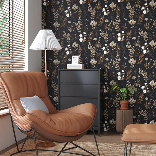 Black Floral Wallpaper Peel and Stick Gold Leaf Contact Paper 17.4" x 118" Leaf Wallpaper Waterproof Self-Adhesive Wall Covering for Bedroom Countertop Desk Cabinets Decor
