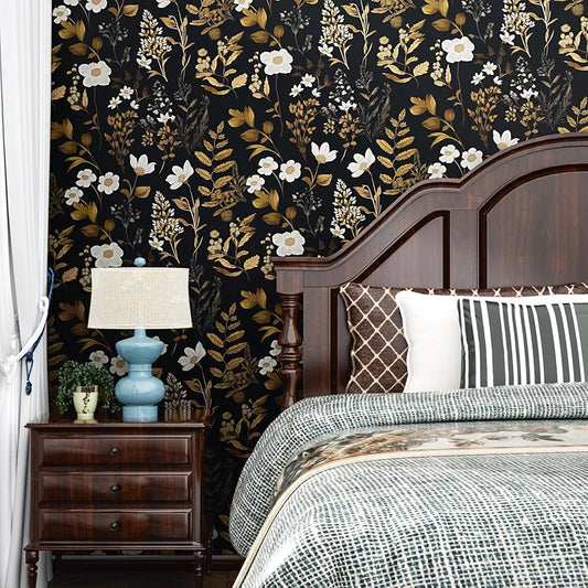 Black Floral Wallpaper Peel and Stick Dark Gold Leaf Contact Paper Waterproof Self-Adhesive Vintage Wall Paper Wall Covering for Bedroom Countertop Desk Cabinets Decor 17.4" x 118" Renter Friendly