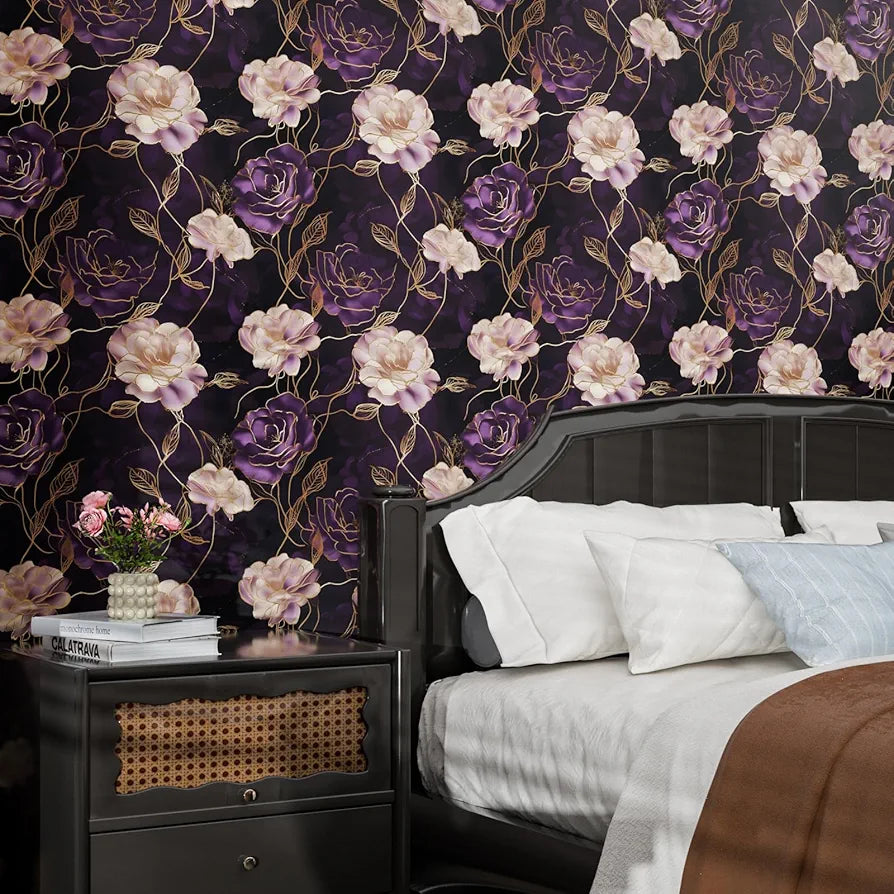 Dark Floral Wallpaper Peel and Stick Purple/Gold Rose Flower Contact Paper Wall Paper Waterproof Self-Adhesive Wall Covering for Bedroom Countertop Desk Cabinets Decor Renter Friendly 17.4" x 118"