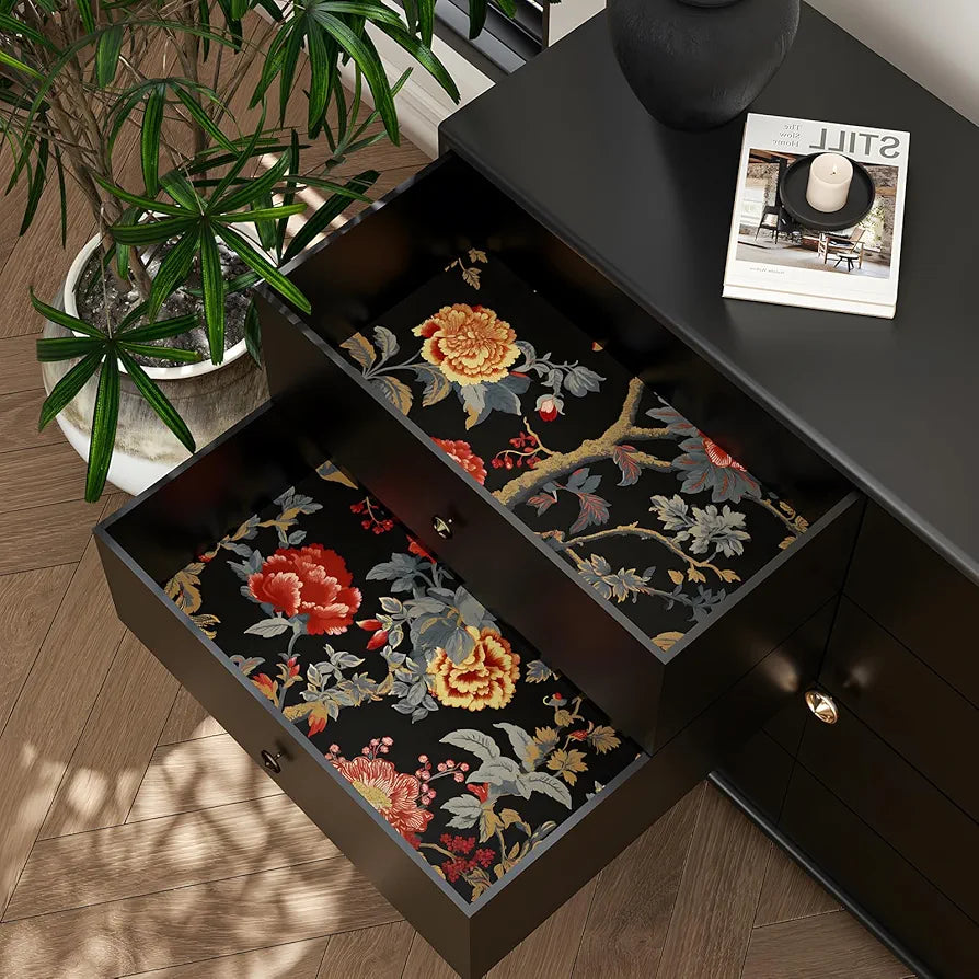 Black Floral Wallpaper Peel and Stick Paisley Dark Red Flower Contact Paper Waterproof Self-Adhesive Vintage Wall Paper Wall Covering for Bedroom Countertop Desk Cabinets 17.4" x 118" Renter Friendly