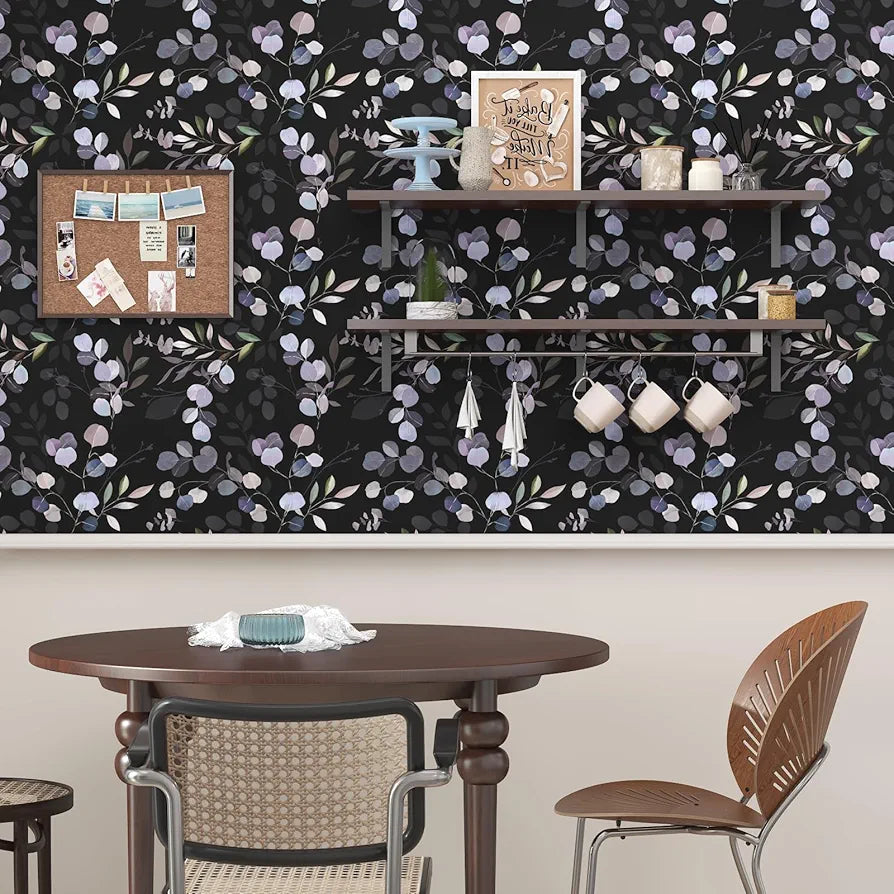 Purple Leaf Wallpaper Peel and Stick Dark Leaf Contact Paper Black Background Floral Wallpaper Waterproof Self-Adhesive Wall Covering for Bedroom Countertop Desk Cabinets 17.4" x 118"