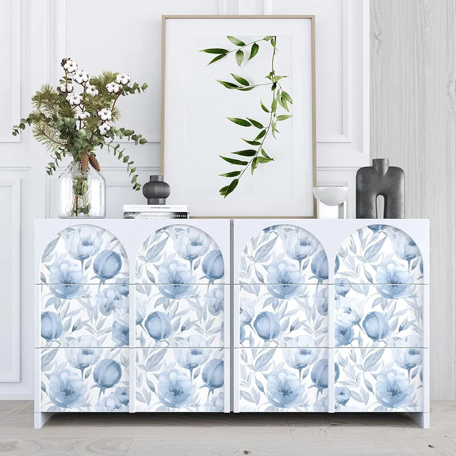 Blue Floral Wallpaper Peel and Stick White Floral Contact Paper Blue Leaf Wallpaper Waterproof Self-Adhesive Wall Covering for Bedroom Countertop Desk Cabinets Decor 17.4" x 118"