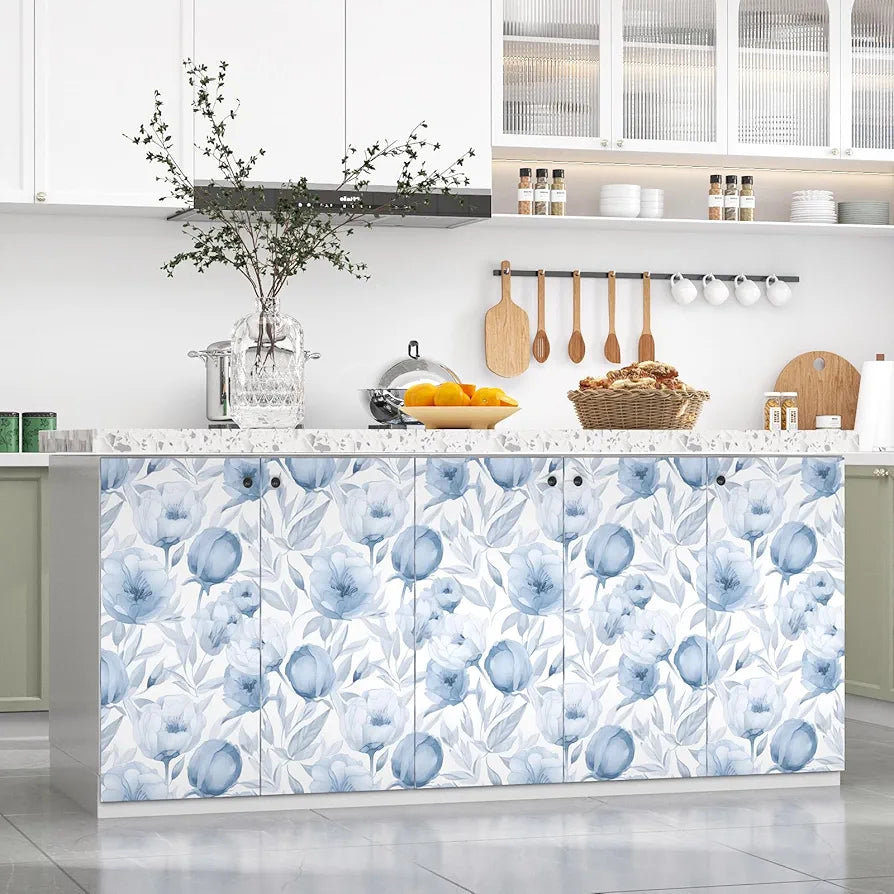 Blue Floral Wallpaper Peel and Stick White Floral Contact Paper Blue Leaf Wallpaper Waterproof Self-Adhesive Wall Covering for Bedroom Countertop Desk Cabinets Decor 17.4" x 118"