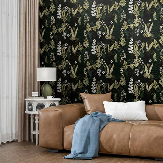Black Floral Wallpaper Peel and Stick Dark Green Gold Leaf Contact Paper Waterproof Self-Adhesive Forest Tropical Fern Wall Paper for Bedroom Countertop Desk Cabinets 17.4" x 118" Renter Friendly