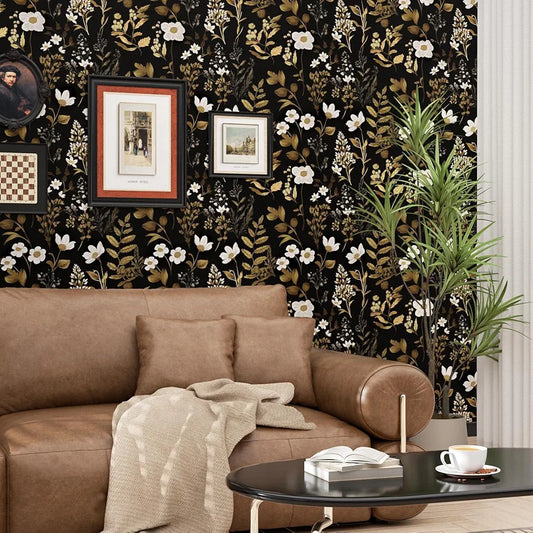 Black Gold Floral Wallpaper Peel and Stick Dark Leaf Contact Paper Waterproof Self-Adhesive Vintage Wall Paper 17.4" x 118" Wall Covering for Bedroom Countertop Desk Cabinets Decor Renter Friendly