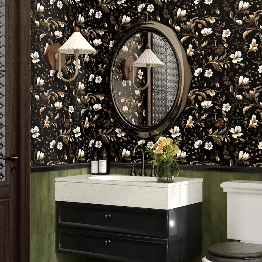 Vintage Wallpaper Peel and Stick Black Floral Wallpaper Black White Wall Paper Gold Leaf Contact Paper Waterproof Self-Adhesive Wall Covering for Bathroom Countertop Desk Cabinet 17.4" x 118"