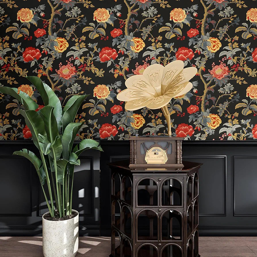 Black Floral Wallpaper Peel and Stick Paisley Dark Red Flower Contact Paper Waterproof Self-Adhesive Vintage Wall Paper Wall Covering for Bedroom Countertop Desk Cabinets 17.4" x 118" Renter Friendly