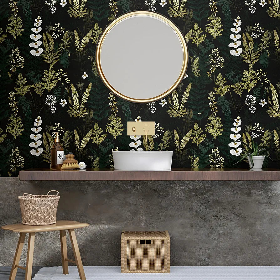 Black Floral Wallpaper Peel and Stick Dark Green Gold Leaf Contact Paper Waterproof Self-Adhesive Forest Tropical Fern Wall Paper for Bedroom Countertop Desk Cabinets 17.4" x 118" Renter Friendly
