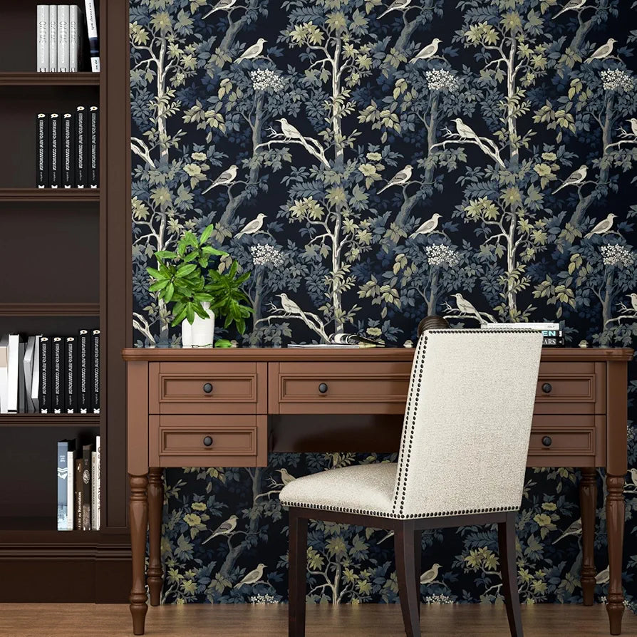 Dark Blue Bird Wallpaper Peel and Stick, Yellow Trees Forest Contact Paper, Waterproof Self-Adhesive Woodland Wall Paper for Bedroom Countertop Desk Cabinets Decor 17.4" x 118" Renter Friendly