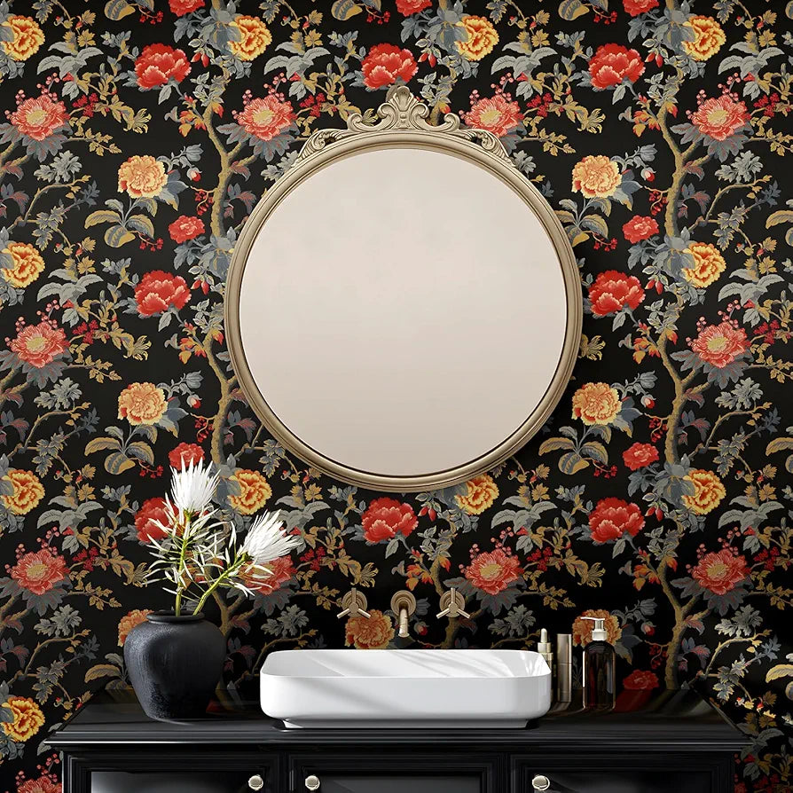 Black Floral Wallpaper Peel and Stick Paisley Dark Red Flower Contact Paper Waterproof Self-Adhesive Vintage Wall Paper Wall Covering for Bedroom Countertop Desk Cabinets 17.4" x 118" Renter Friendly