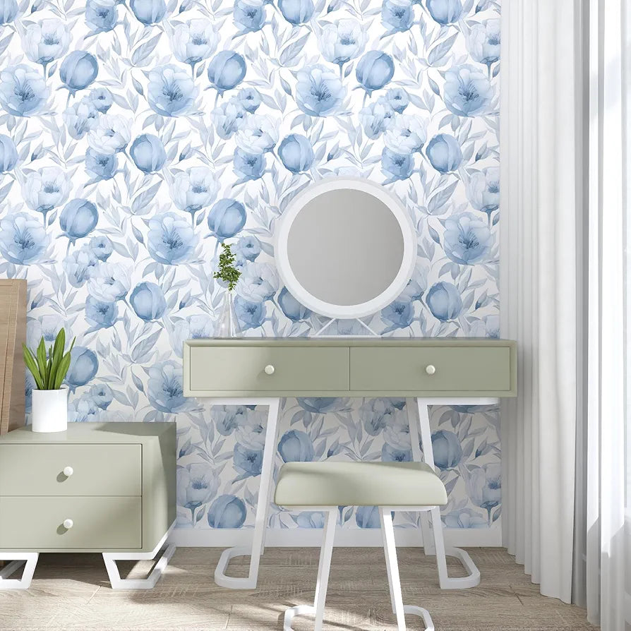 Blue Floral Wallpaper Peel and Stick White Floral Contact Paper Blue Leaf Wallpaper Waterproof Self-Adhesive Wall Covering for Bedroom Countertop Desk Cabinets Decor 17.4" x 118"