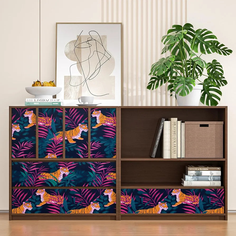 Tiger Wallpaper Peel and Stick,Jungle Forest Animals Contact Paper Pink/Orange/Blue Waterproof Self-Adhesive Tropical Wall Paper for Bedroom Countertop Desk Cabinets Drawer Decor 17.4" x 118"