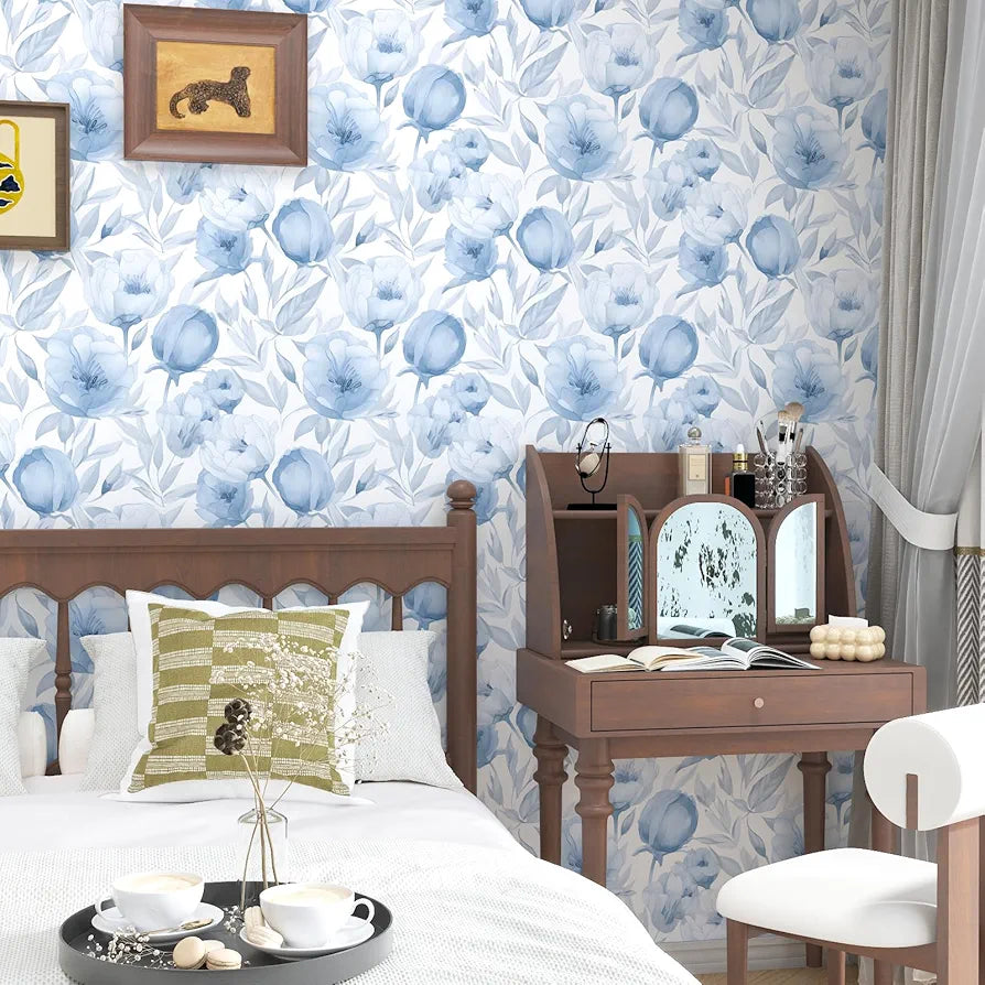 Blue Floral Wallpaper Peel and Stick White Floral Contact Paper Blue Leaf Wallpaper Waterproof Self-Adhesive Wall Covering for Bedroom Countertop Desk Cabinets Decor 17.4" x 118"