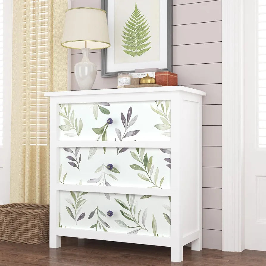 Green Leaf Wallpaper Peel and Stick Vintage Greenery Leaf Contact Paper White Floral Wallpaper Waterproof Self-Adhesive Wall Covering for Bedroom Countertop Desk Cabinets 17.4" x 118"