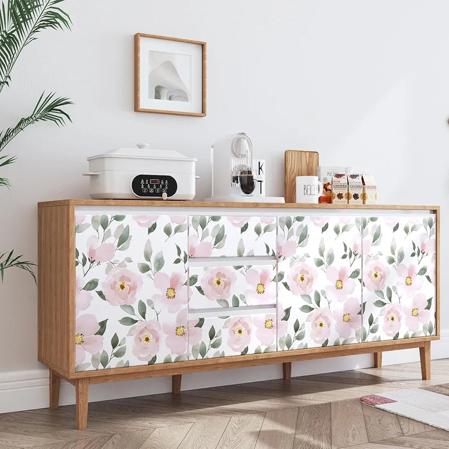 Pink Floral Wallpaper Peel and Stick White Floral Contact Paper Leaf Boho Wallpaper Waterproof Self-Adhesive Wall Covering for Bedroom Countertop Desk Cabinets Decor 17.4" x 118"