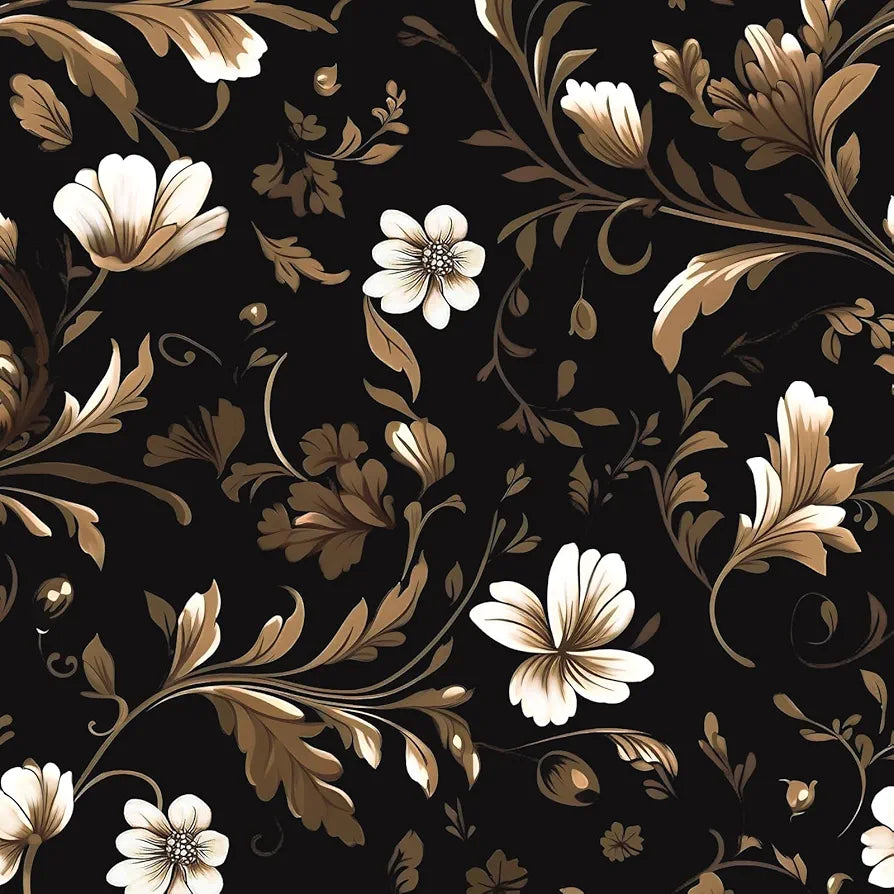 Vintage Wallpaper Peel and Stick Black Floral Wallpaper Black White Wall Paper Gold Leaf Contact Paper Waterproof Self-Adhesive Wall Covering for Bathroom Countertop Desk Cabinet 17.4" x 118"