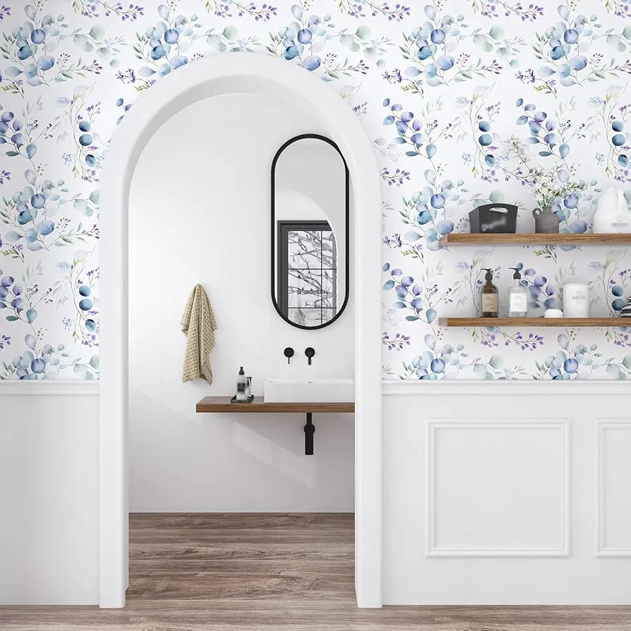 Purple Leaf Wallpaper Peel and Stick Vintage Greenery Leaf Contact Paper White Floral Wallpaper Waterproof Self-Adhesive Wall Covering for Bedroom Countertop Desk Cabinets 17.4" x 118"