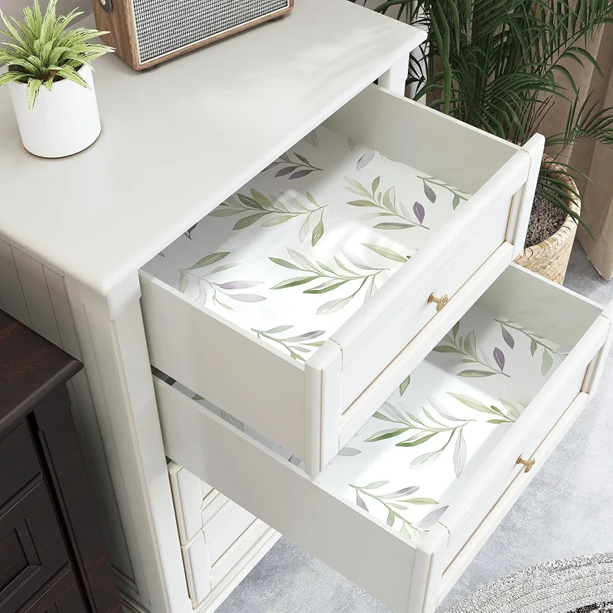 Green Leaf Wallpaper Peel and Stick Vintage Greenery Leaf Contact Paper White Floral Wallpaper Waterproof Self-Adhesive Wall Covering for Bedroom Countertop Desk Cabinets 17.4" x 118"