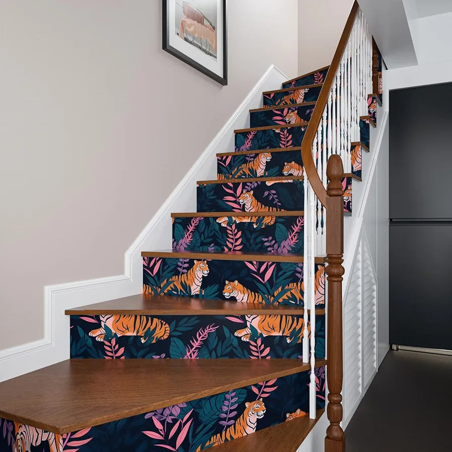Tiger Wallpaper Peel and Stick Vintage Blue Tiger Floral Contact Paper Retro Flower Wall Wallpaper Waterproof Self-Adhesive Wall Covering for Bedroom Countertop Desk Cabinet 17.4" x 118"