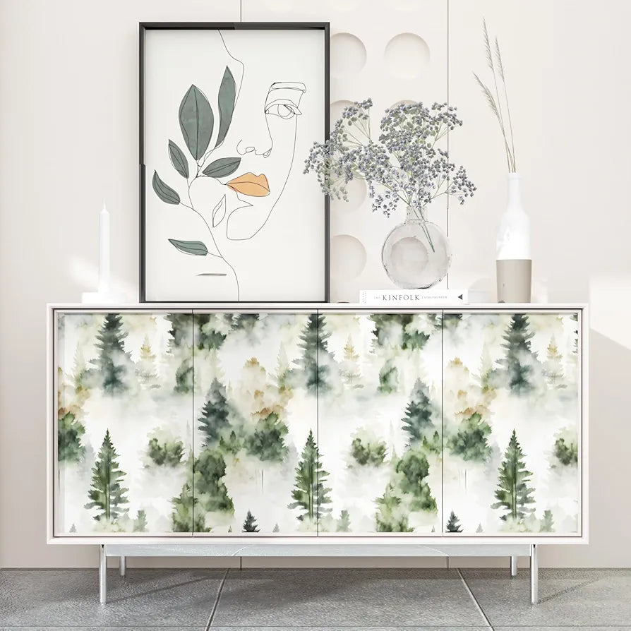 Foggy Forest Wallpaper Peel and Stick Misty Woodland Green/Yellow Trees Contact Paper Waterproof Self-Adhesive Wall Paper for Bedroom Countertop Desk Cabinets Decor 17.4" x 118" Renter Friendly