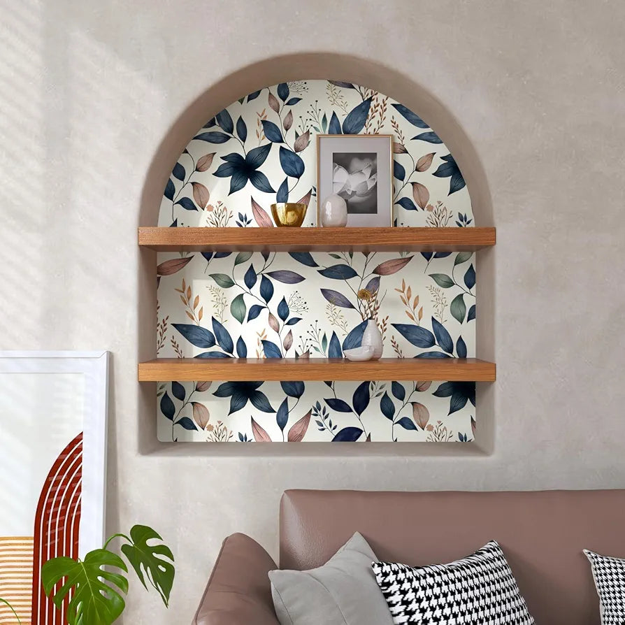 Navy Leaf Peel and Stick Wallpaper Floral Wallpaper 17.4" x 118" Dark Blue Leaf Contact Paper Navy Vinyl Wrap Easily Peel Off Self-Adhesive Wall Paper for Bedroom Kitchen Cabinet Bathroom