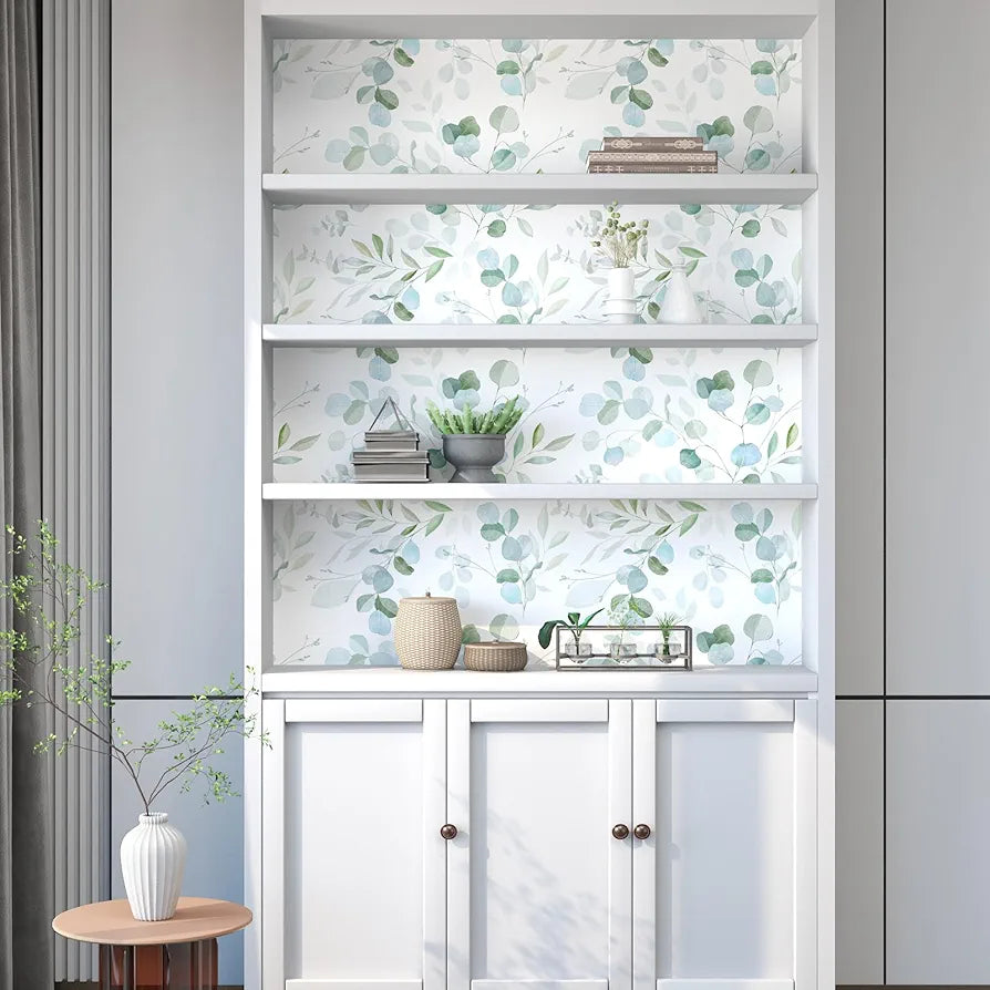 Green Leaf Wallpaper Peel and Stick Vintage Leaf Contact Paper White Greenery Floral Wallpaper Waterproof Self-Adhesive Wall Covering for Bedroom Countertop Desk Cabinets 17.4" x 118"