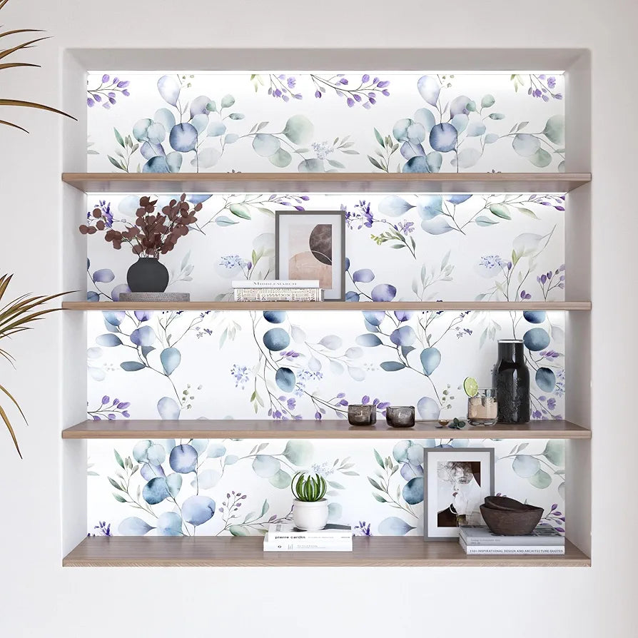 Purple Leaf Wallpaper Peel and Stick Vintage Greenery Leaf Contact Paper White Floral Wallpaper Waterproof Self-Adhesive Wall Covering for Bedroom Countertop Desk Cabinets 17.4" x 118"