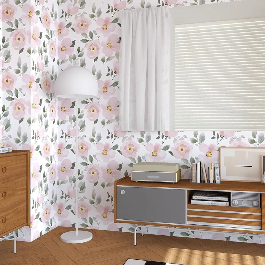 Pink Floral Wallpaper Peel and Stick White Floral Contact Paper Leaf Boho Wallpaper Waterproof Self-Adhesive Wall Covering for Bedroom Countertop Desk Cabinets Decor 17.4" x 118"