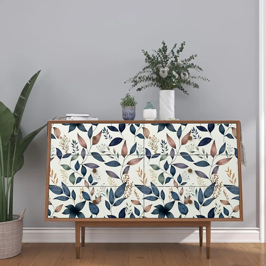 Navy Leaf Peel and Stick Wallpaper Floral Wallpaper 17.4" x 118" Dark Blue Leaf Contact Paper Navy Vinyl Wrap Easily Peel Off Self-Adhesive Wall Paper for Bedroom Kitchen Cabinet Bathroom