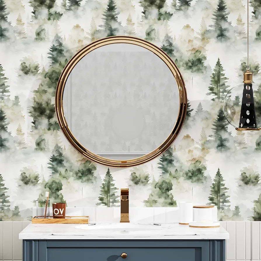 Foggy Forest Wallpaper Peel and Stick Misty Woodland Green/Yellow Trees Contact Paper Waterproof Self-Adhesive Wall Paper for Bedroom Countertop Desk Cabinets Decor 17.4" x 118" Renter Friendly