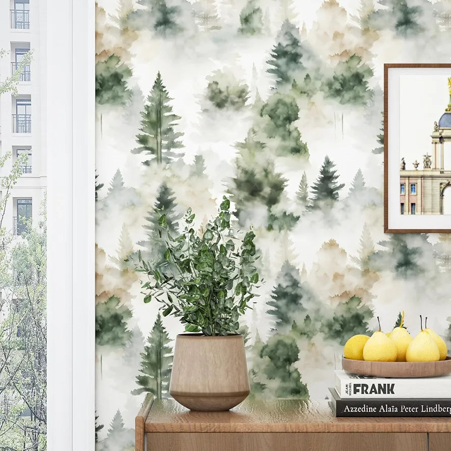 Foggy Forest Wallpaper Peel and Stick Misty Woodland Green/Yellow Trees Contact Paper Waterproof Self-Adhesive Wall Paper for Bedroom Countertop Desk Cabinets Decor 17.4" x 118" Renter Friendly