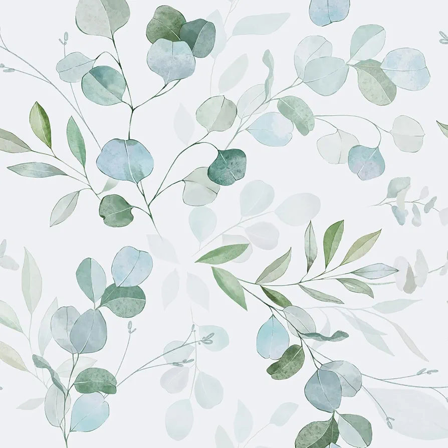 Green Leaf Wallpaper Peel and Stick Vintage Leaf Contact Paper White Greenery Floral Wallpaper Waterproof Self-Adhesive Wall Covering for Bedroom Countertop Desk Cabinets 17.4" x 118"