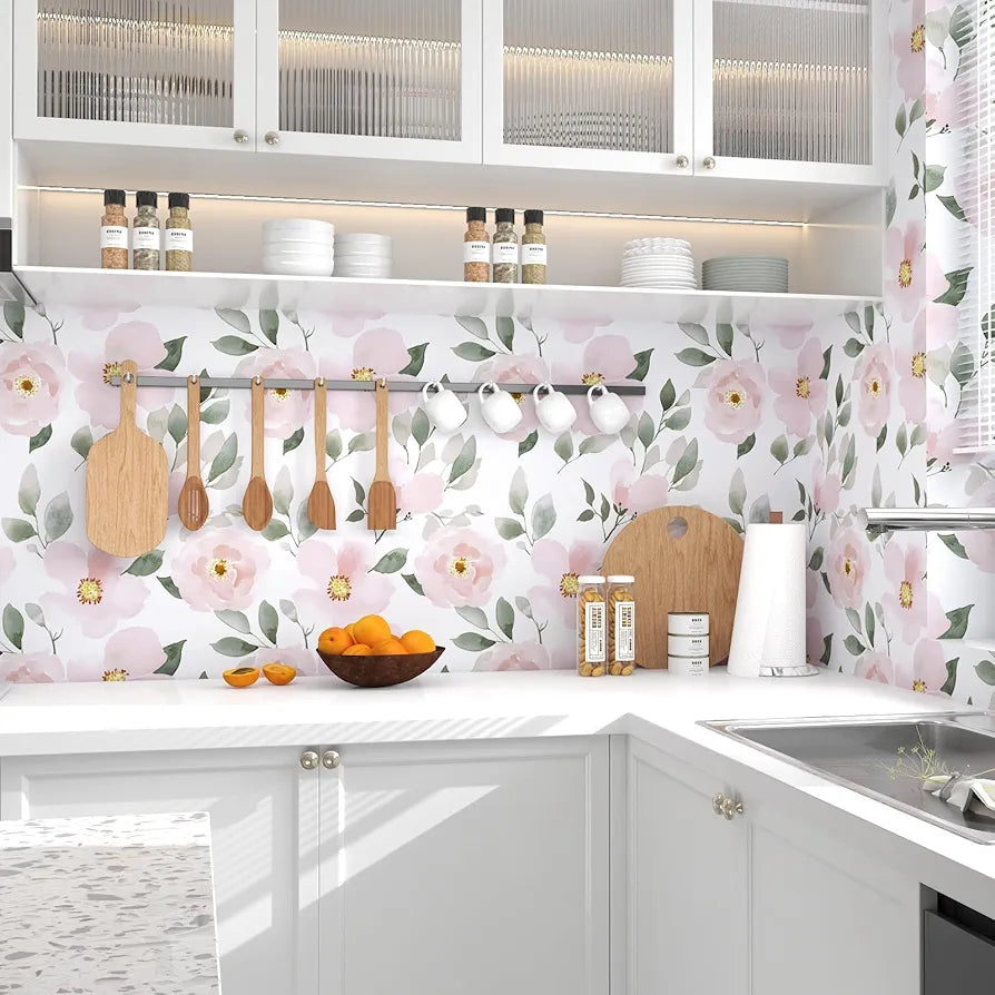 Pink Floral Wallpaper Peel and Stick White Floral Contact Paper Leaf Boho Wallpaper Waterproof Self-Adhesive Wall Covering for Bedroom Countertop Desk Cabinets Decor 17.4" x 118"