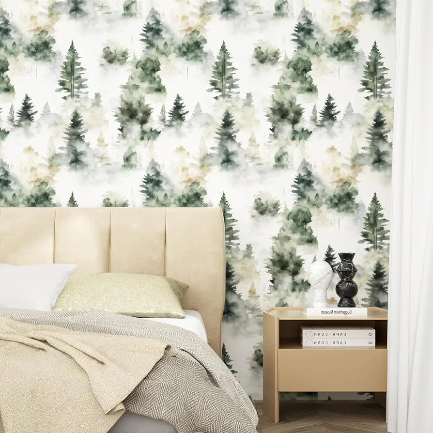 Foggy Forest Wallpaper Peel and Stick Misty Woodland Green/Yellow Trees Contact Paper Waterproof Self-Adhesive Wall Paper for Bedroom Countertop Desk Cabinets Decor 17.4" x 118" Renter Friendly