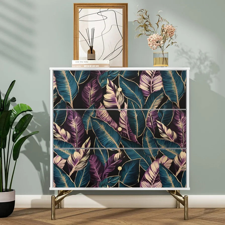 Tropical Leaf Wallpaper Peel and Stick, Dark Blue/Purple Palm Leaves Contact Paper ,Waterproof Self-Adhesive Jungle Leafy Wall Paper for Bedroom Countertop Desk Cabinets 17.4" x 118" Renter Friendly