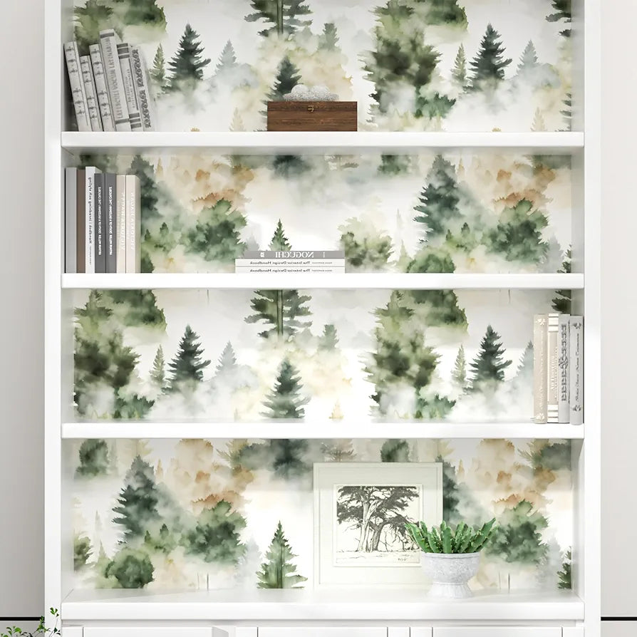 Foggy Forest Wallpaper Peel and Stick Misty Woodland Green/Yellow Trees Contact Paper Waterproof Self-Adhesive Wall Paper for Bedroom Countertop Desk Cabinets Decor 17.4" x 118" Renter Friendly