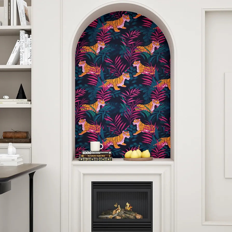 Tiger Wallpaper Peel and Stick,Jungle Forest Animals Contact Paper Pink/Orange/Blue Waterproof Self-Adhesive Tropical Wall Paper for Bedroom Countertop Desk Cabinets Drawer Decor 17.4" x 118"