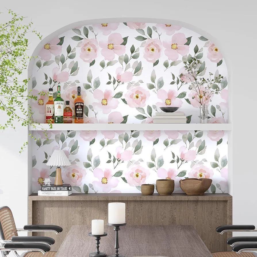 Pink Floral Wallpaper Peel and Stick White Floral Contact Paper Leaf Boho Wallpaper Waterproof Self-Adhesive Wall Covering for Bedroom Countertop Desk Cabinets Decor 17.4" x 118"