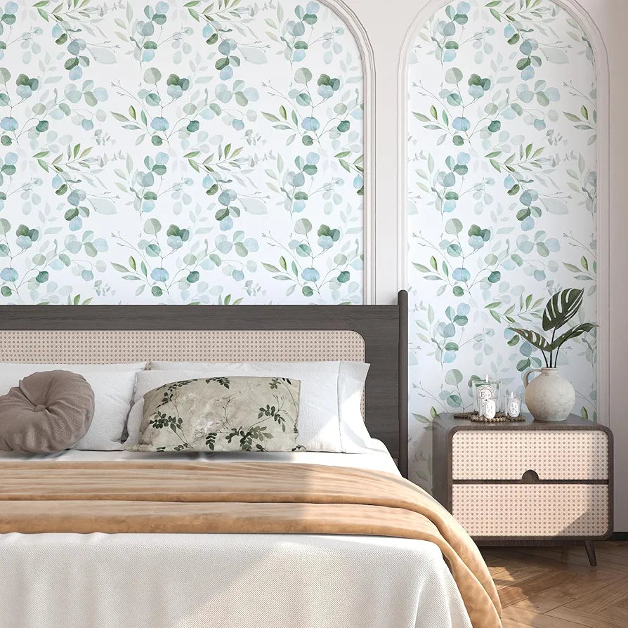 Green Leaf Wallpaper Peel and Stick Vintage Leaf Contact Paper White Greenery Floral Wallpaper Waterproof Self-Adhesive Wall Covering for Bedroom Countertop Desk Cabinets 17.4" x 118"